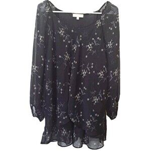Blousology Women's 2X Black Embroidered 3/4 Sleeve Tunic Blouse Sheer Lined
